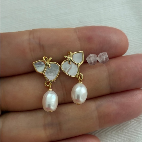 Gold Enamel & Mother of Pearl Earrings - Picture 2 of 8